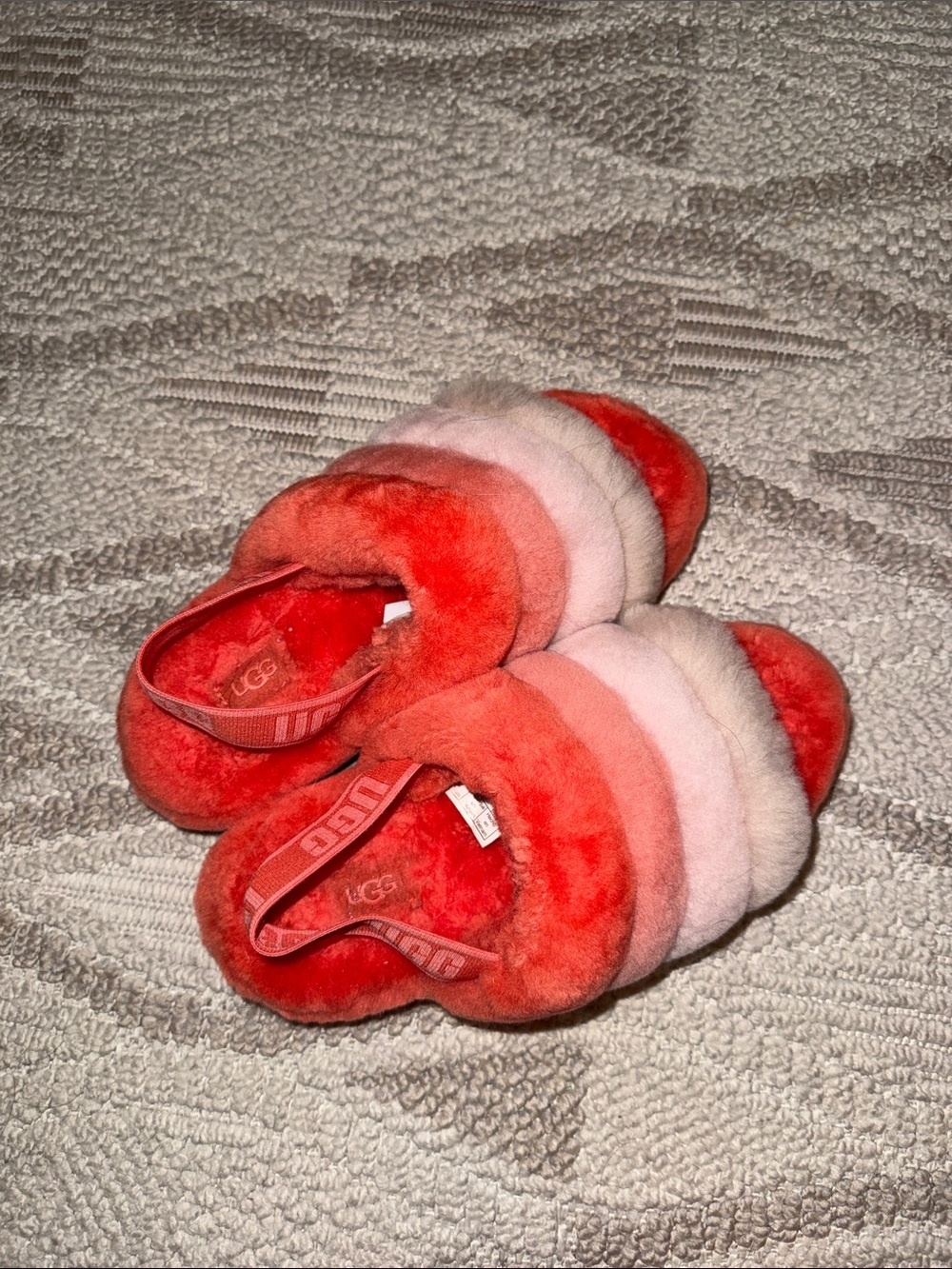 UGG Fluff Yeah Slide - Red and Light Pink Striped Fuzzy Slippers